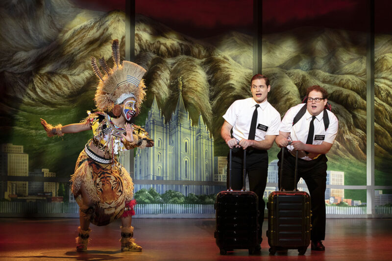 Trinity Posey, Sam McLellan, and Sam Nackman in The Book of Mormon North American tour
